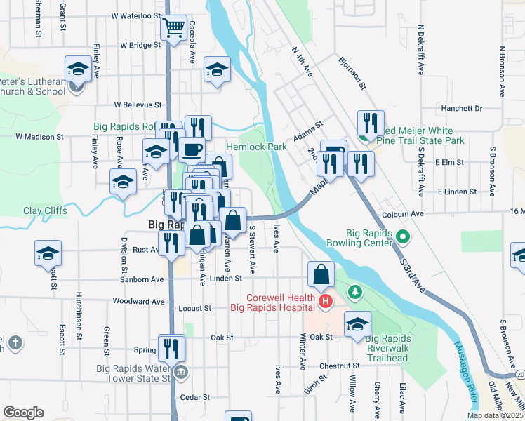 map of restaurants, bars, coffee shops, grocery stores, and more near 104 South Stewart Avenue in Big Rapids