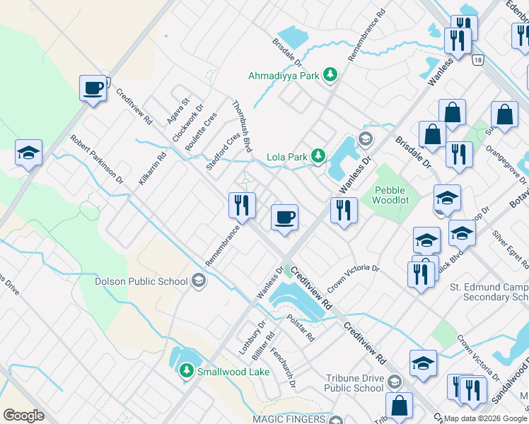 map of restaurants, bars, coffee shops, grocery stores, and more near 20 Metro Crescent in Brampton