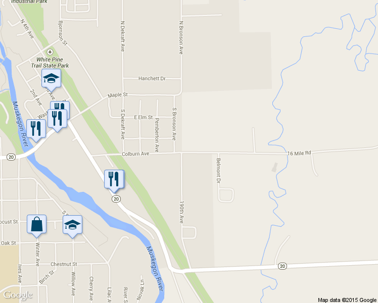 map of restaurants, bars, coffee shops, grocery stores, and more near 18914 16 Mile Road in Big Rapids Township
