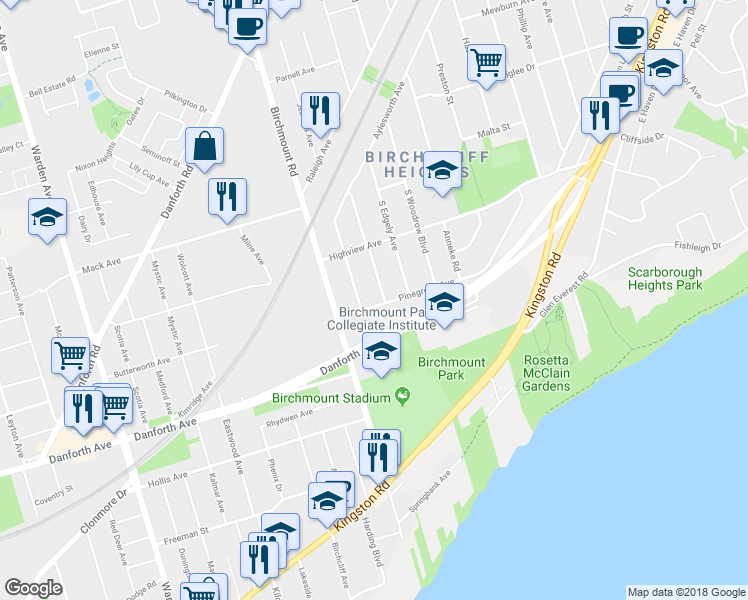 map of restaurants, bars, coffee shops, grocery stores, and more near 40 Pinegrove Avenue in Toronto