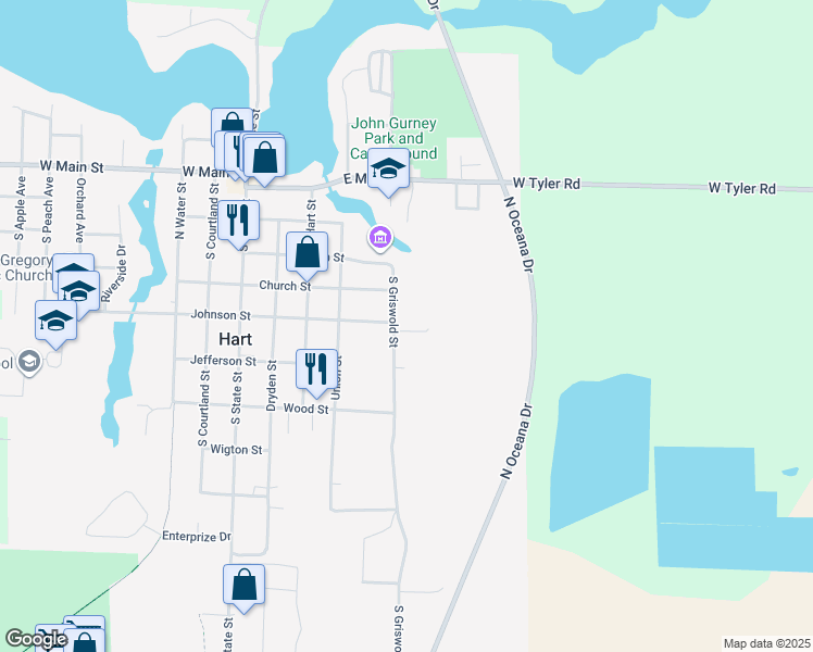 map of restaurants, bars, coffee shops, grocery stores, and more near 400 Griswold Street in Hart