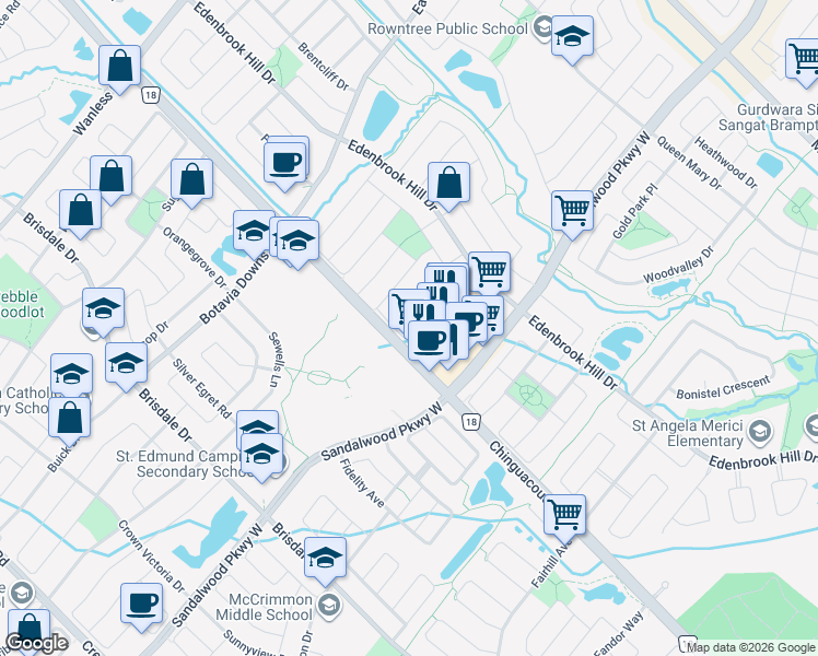 map of restaurants, bars, coffee shops, grocery stores, and more near 10661 Chinguacousy Road in Brampton