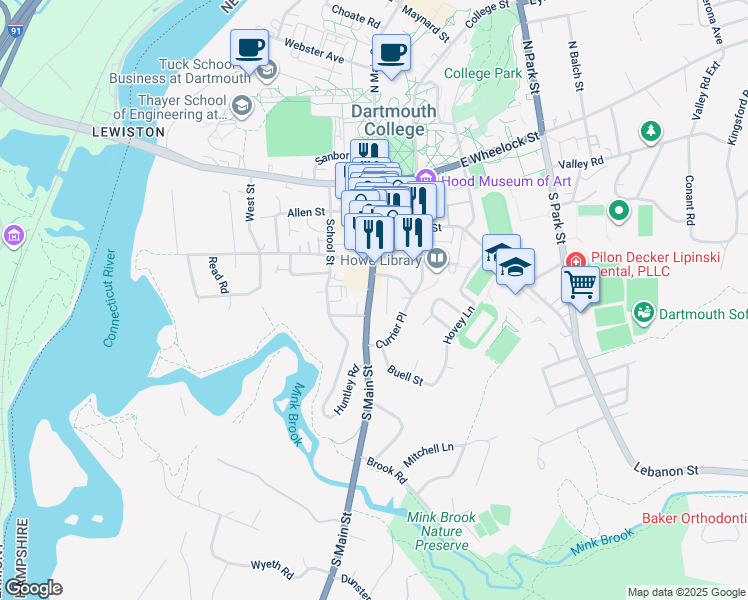 map of restaurants, bars, coffee shops, grocery stores, and more near 90 South Main Street in Hanover