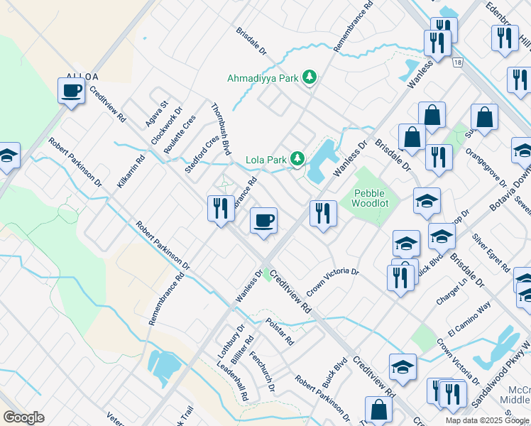 map of restaurants, bars, coffee shops, grocery stores, and more near Quillberry Close in Brampton