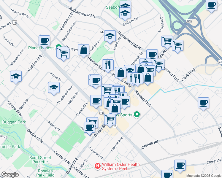 map of restaurants, bars, coffee shops, grocery stores, and more near 83 Fisher Terrace in Brampton