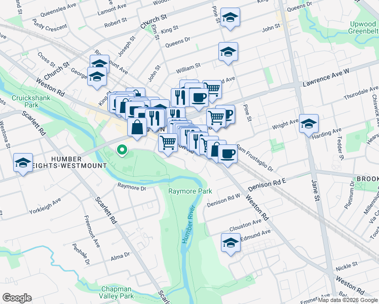 map of restaurants, bars, coffee shops, grocery stores, and more near 1794A Weston Road in Toronto