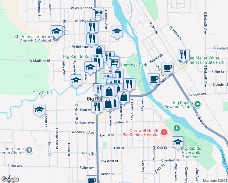map of restaurants, bars, coffee shops, grocery stores, and more near 187-199 North Michigan Avenue in Big Rapids