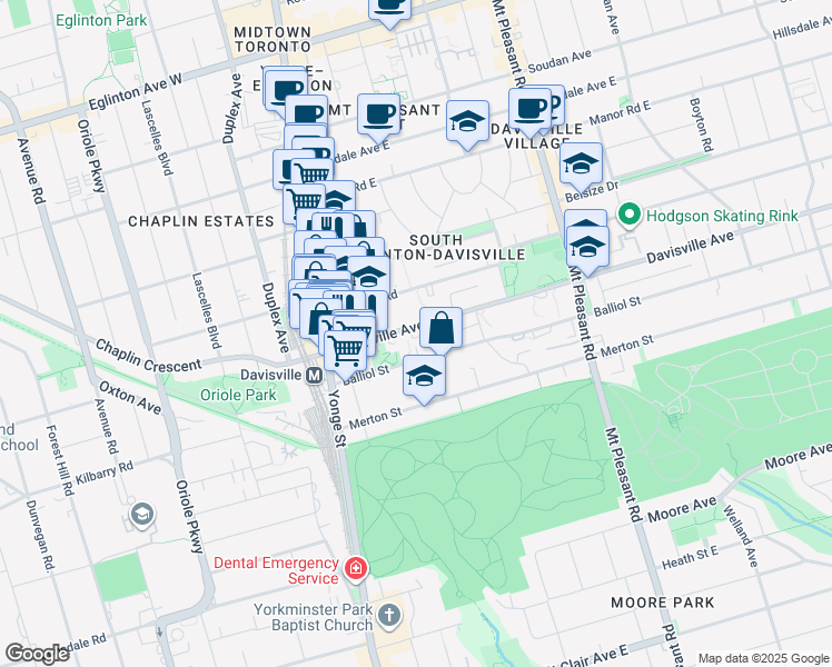 map of restaurants, bars, coffee shops, grocery stores, and more near 99 Davisville Avenue in Toronto