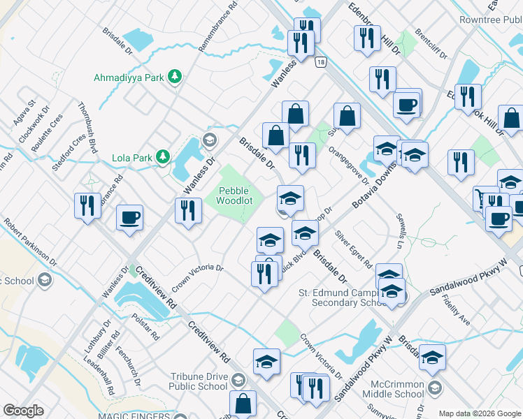 map of restaurants, bars, coffee shops, grocery stores, and more near 107 Sugarhill Drive in Brampton