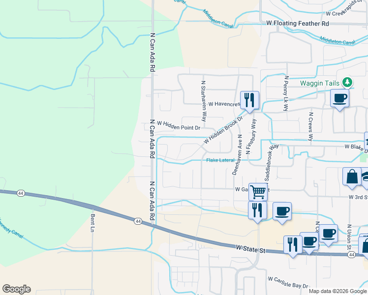 map of restaurants, bars, coffee shops, grocery stores, and more near 12569 West Kempshire Court in Star