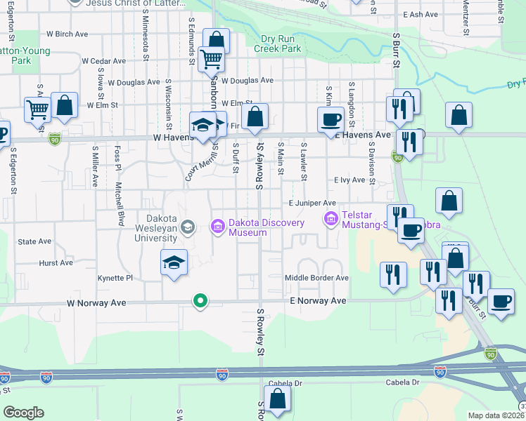 map of restaurants, bars, coffee shops, grocery stores, and more near 1100-1198 South Rowley Street in Mitchell