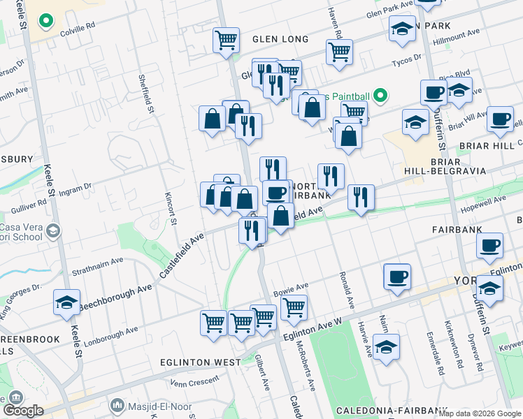 map of restaurants, bars, coffee shops, grocery stores, and more near in Toronto