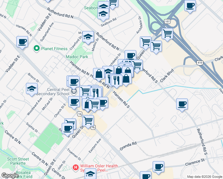 map of restaurants, bars, coffee shops, grocery stores, and more near Queen Street East & Hansen Road North in Brampton