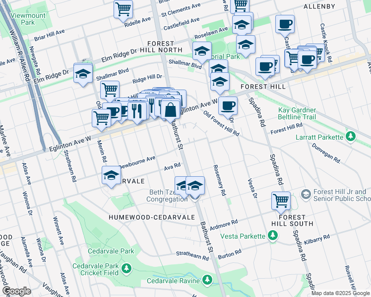 map of restaurants, bars, coffee shops, grocery stores, and more near 2012 Bathurst Street in Toronto