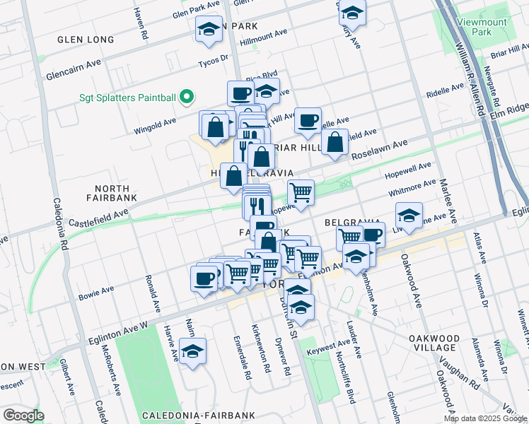map of restaurants, bars, coffee shops, grocery stores, and more near 2433 Dufferin Street in Toronto