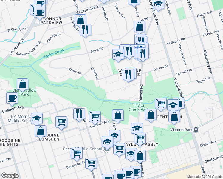 map of restaurants, bars, coffee shops, grocery stores, and more near 36 Halsey Avenue in Toronto