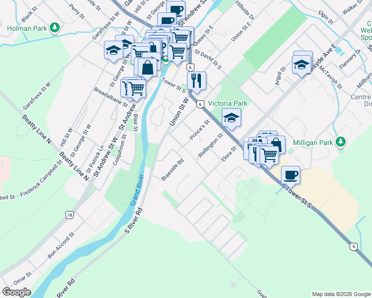 map of restaurants, bars, coffee shops, grocery stores, and more near in Fergus
