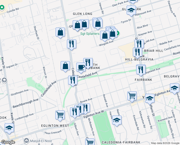 map of restaurants, bars, coffee shops, grocery stores, and more near 1300 Castlefield Ave in Toronto
