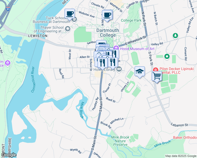 map of restaurants, bars, coffee shops, grocery stores, and more near 80 North Main Street in Hanover