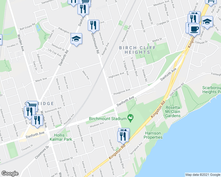 map of restaurants, bars, coffee shops, grocery stores, and more near 313 Birchmount Road in Toronto
