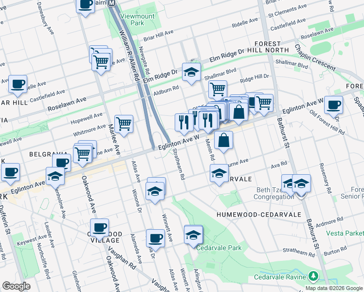 map of restaurants, bars, coffee shops, grocery stores, and more near 1065 Eglinton Avenue West in Toronto