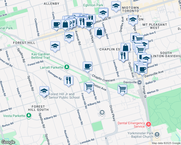 map of restaurants, bars, coffee shops, grocery stores, and more near in Toronto
