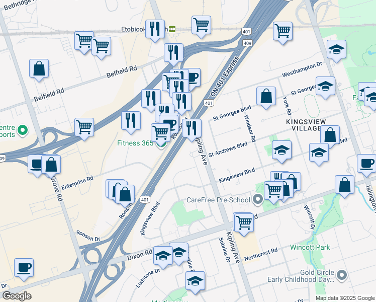 map of restaurants, bars, coffee shops, grocery stores, and more near 103 Blackfriar Avenue in Toronto