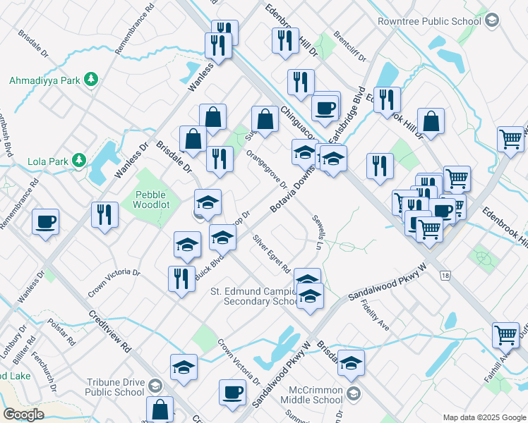 map of restaurants, bars, coffee shops, grocery stores, and more near in Brampton