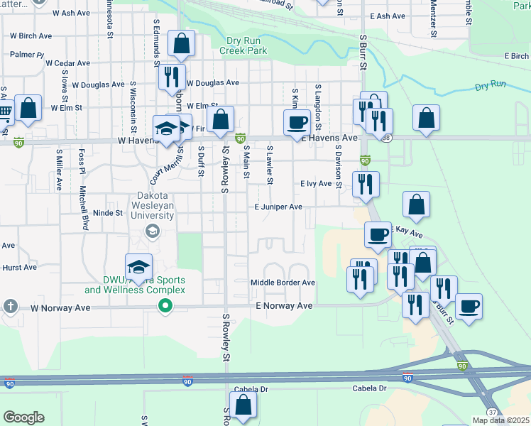 map of restaurants, bars, coffee shops, grocery stores, and more near 1116 South Main Street in Mitchell