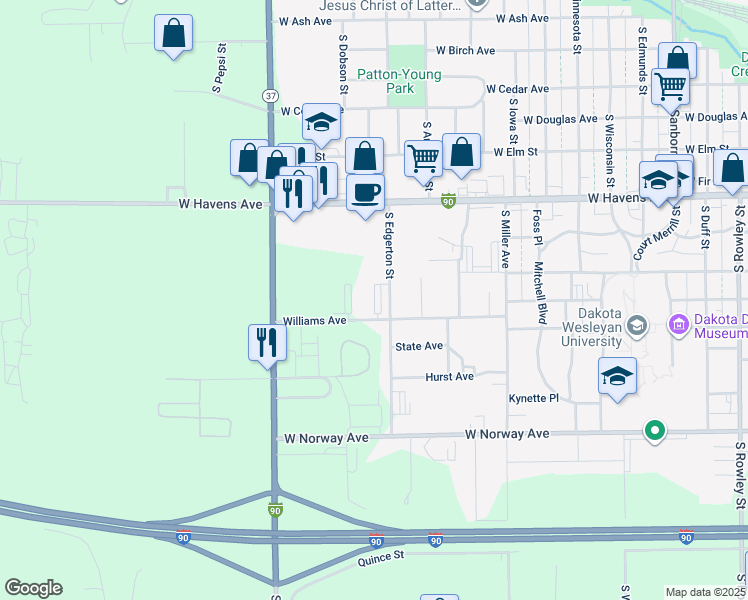 map of restaurants, bars, coffee shops, grocery stores, and more near 1111 South Edgerton Street in Mitchell