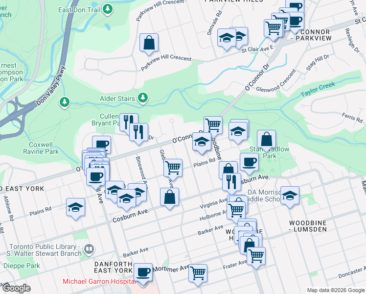 map of restaurants, bars, coffee shops, grocery stores, and more near 360 Woodmount Avenue in Toronto