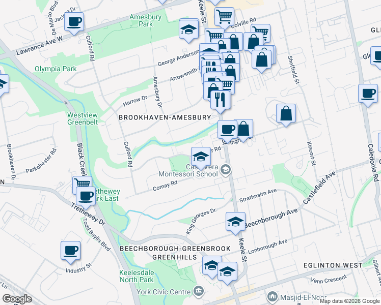 map of restaurants, bars, coffee shops, grocery stores, and more near in Toronto