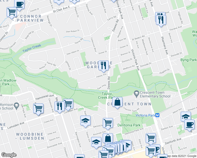 map of restaurants, bars, coffee shops, grocery stores, and more near 65 Halsey Avenue in Toronto