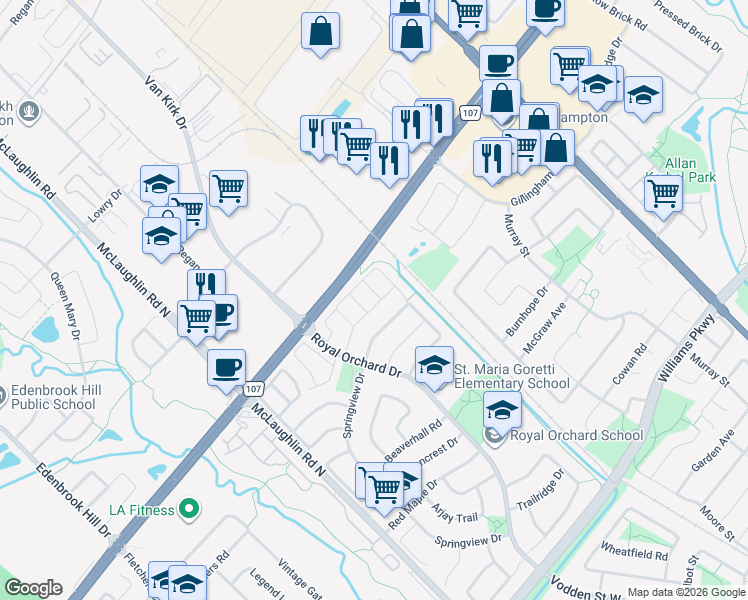 map of restaurants, bars, coffee shops, grocery stores, and more near in Brampton