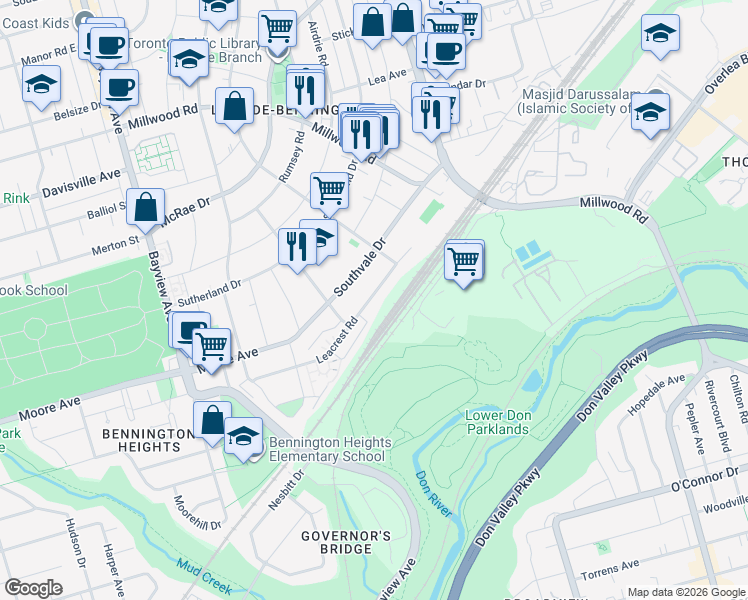 map of restaurants, bars, coffee shops, grocery stores, and more near 123 Leacrest Road in Toronto
