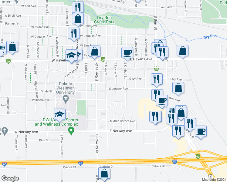 map of restaurants, bars, coffee shops, grocery stores, and more near 109 East Juniper Avenue in Mitchell
