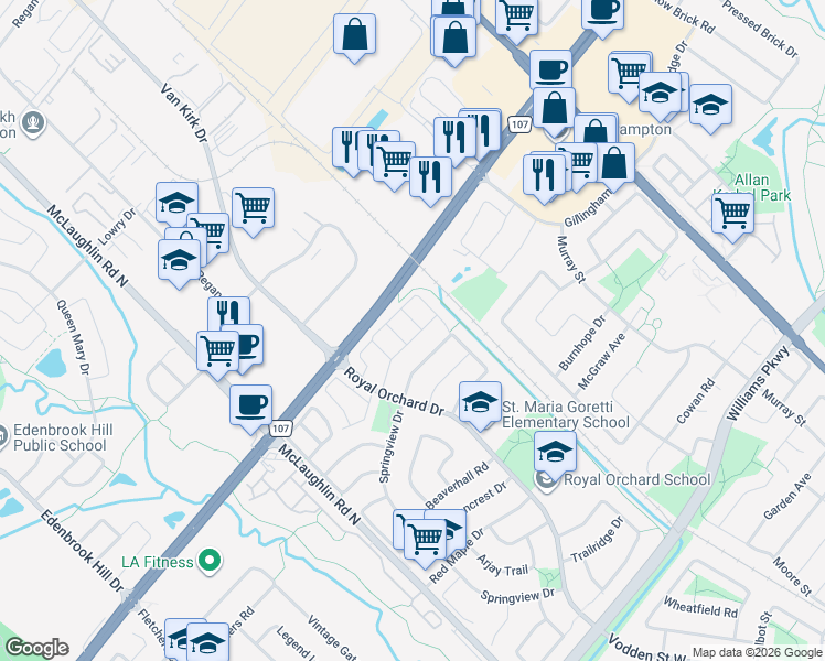 map of restaurants, bars, coffee shops, grocery stores, and more near 68 Gilgorm Road in Brampton