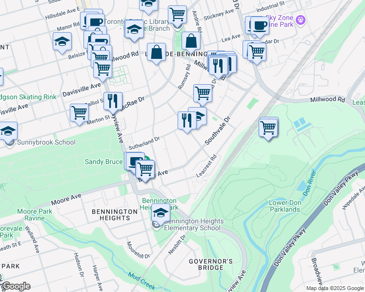map of restaurants, bars, coffee shops, grocery stores, and more near 27 Astor Avenue in Toronto