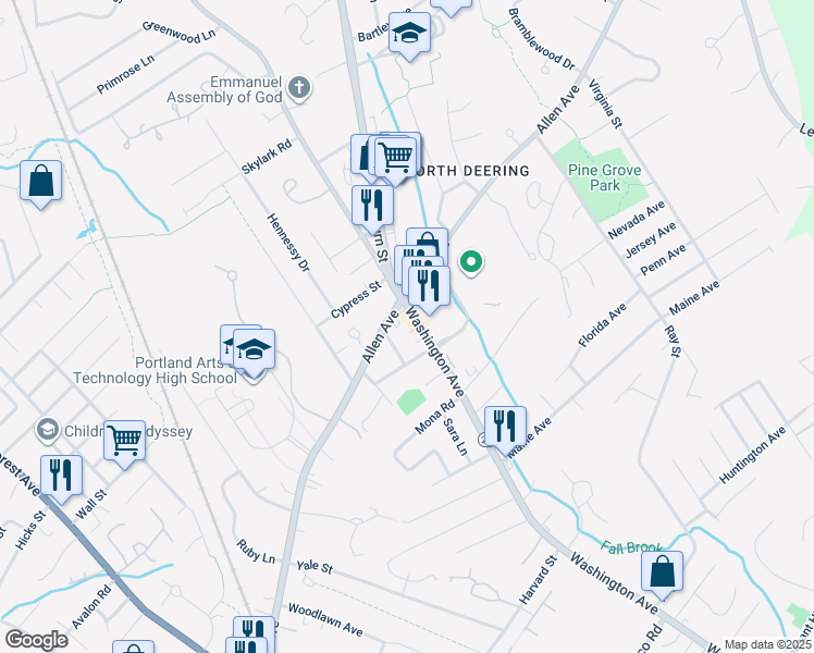 map of restaurants, bars, coffee shops, grocery stores, and more near 1364 Washington Avenue in Portland