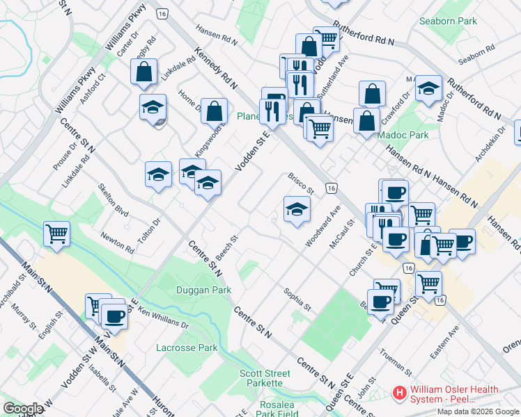 map of restaurants, bars, coffee shops, grocery stores, and more near 57 Brisco Street in Brampton