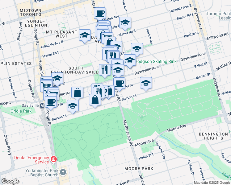 map of restaurants, bars, coffee shops, grocery stores, and more near 305 Balliol Street in Toronto
