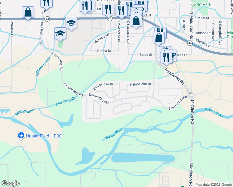 map of restaurants, bars, coffee shops, grocery stores, and more near 782 South Arrowrock Avenue in Middleton