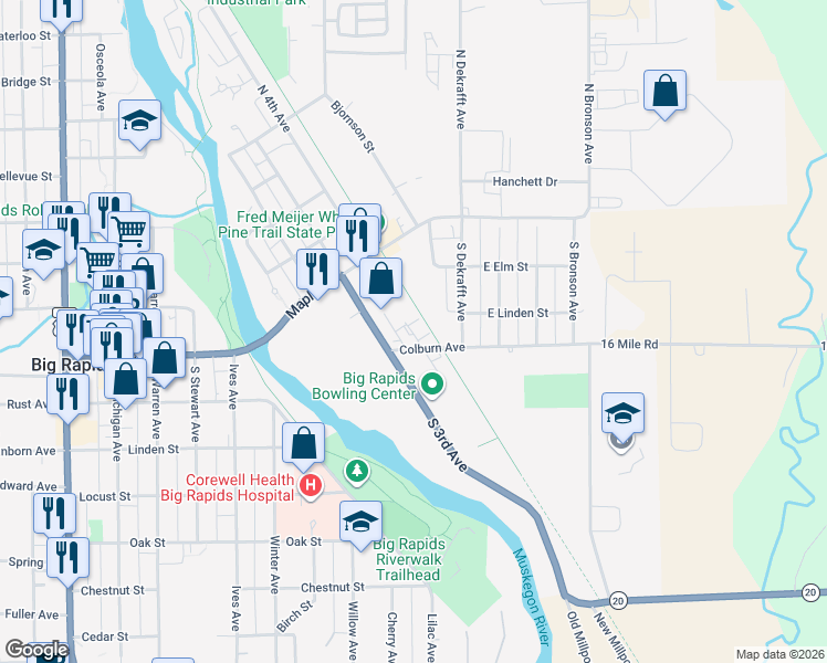 map of restaurants, bars, coffee shops, grocery stores, and more near 901 Colburn Avenue in Big Rapids