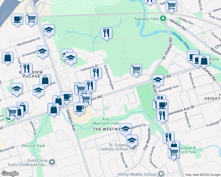 map of restaurants, bars, coffee shops, grocery stores, and more near 4 Golfwood Heights in Toronto