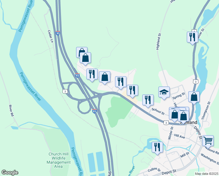 map of restaurants, bars, coffee shops, grocery stores, and more near 46 West Street in Ashland