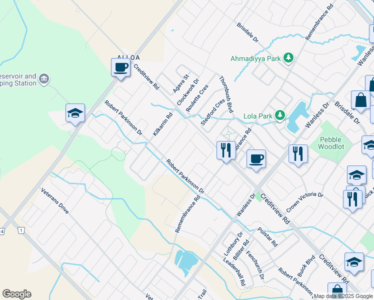 map of restaurants, bars, coffee shops, grocery stores, and more near 52 Stewardship Road in Brampton