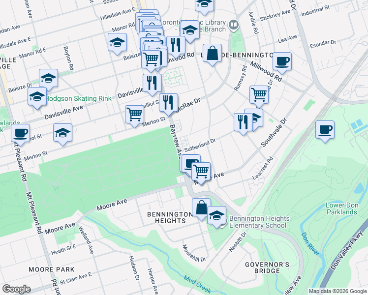 map of restaurants, bars, coffee shops, grocery stores, and more near 2 Sutherland Drive in Toronto