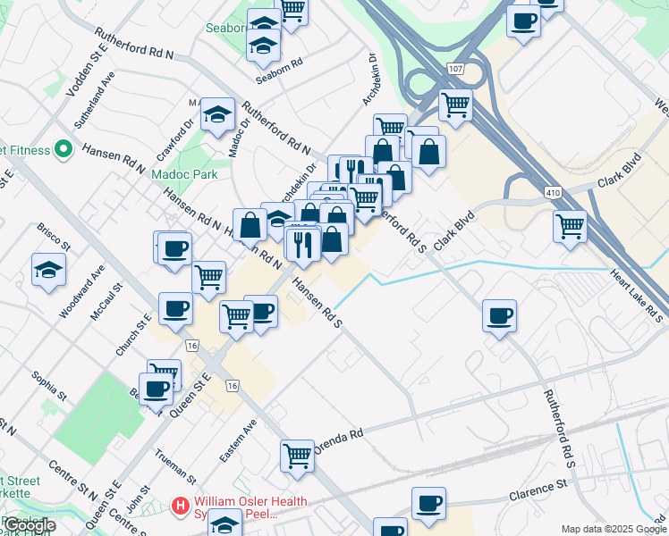 map of restaurants, bars, coffee shops, grocery stores, and more near 253 Queen Street East in Brampton
