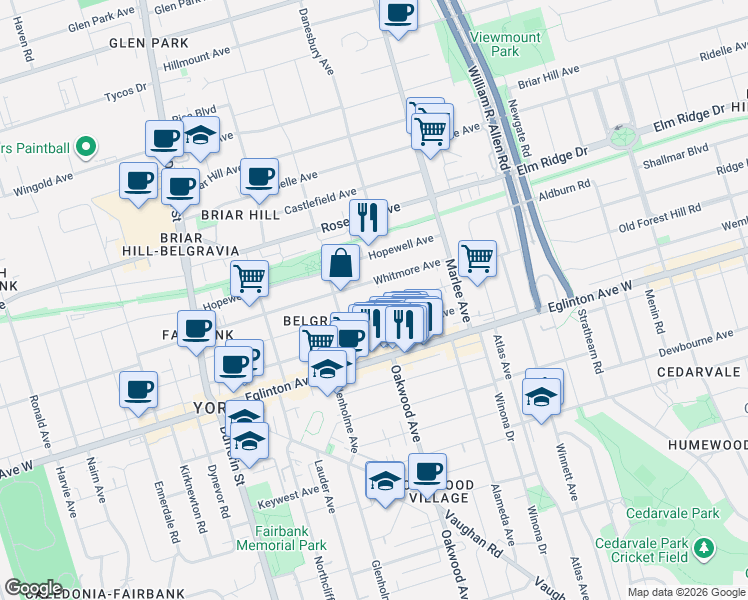 map of restaurants, bars, coffee shops, grocery stores, and more near 94 Belgravia Avenue in Toronto