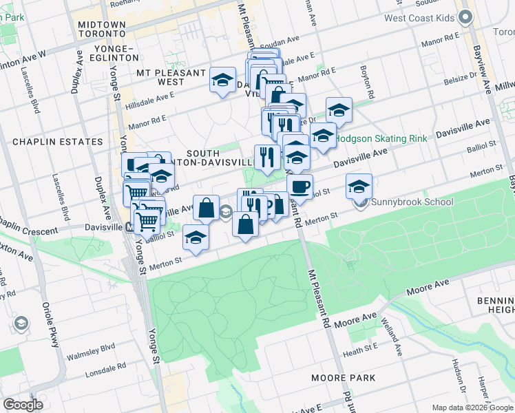 map of restaurants, bars, coffee shops, grocery stores, and more near 228 Balliol Street in Toronto